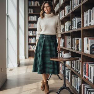 Belle Poque Green Plaid Midi Skirt High Waist Button Detail A-Line Elastic Back